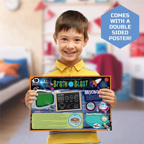 Child holding BrainBlast educational science poster at home