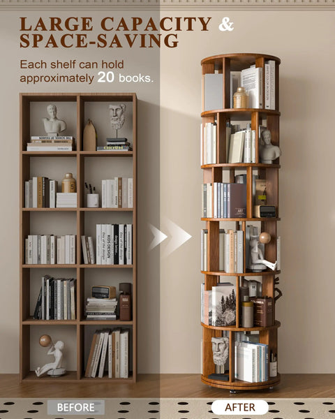 Six Tier Solid Wood Rotating Bookshelf On Wheels With Smooth Three Sixty Spin And Locking Wheels Makes This Round Walnut Bookcase A Real Game Changer For Tiny Bedrooms Or Offices While Providing Super Sturdy Storage And Zero Hustle Access