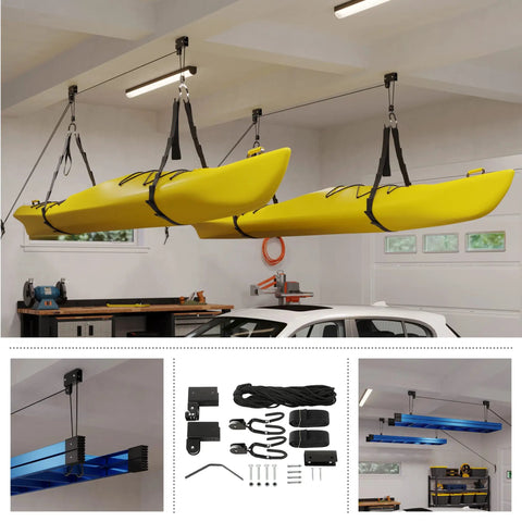 Overhead Pulley Hoist System Pair For Kayaks And Gear 125Lb Capacity Each Space Saving Garage Storage For Canoes Bikes Ladders And More Heavy Duty No Fuss Easy Install, black ceiling straps holding yellow kayaks in garage