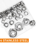 117 Piece 16 Size Single Ear Hose Clamp Kit In 304 Stainless Steel with various ear clamps from 6.5 to 48.5 mm in a plastic case.