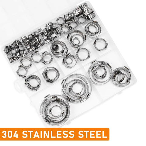 117 Piece 16 Size Single Ear Hose Clamp Kit In 304 Stainless Steel with various ear clamps from 6.5 to 48.5 mm in a plastic case.