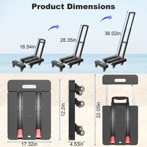 Foldable Dolly Cart With 500 Lb Capacity, Built Like A Tank, Six Wheel Design dimensions and telescoping handle view
