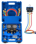 AC Manifold Gauge Set For R134a R12 R22 R502 With 5 Ft Hose Tank Adapters, in blue case with gauges, hoses, and couplers.