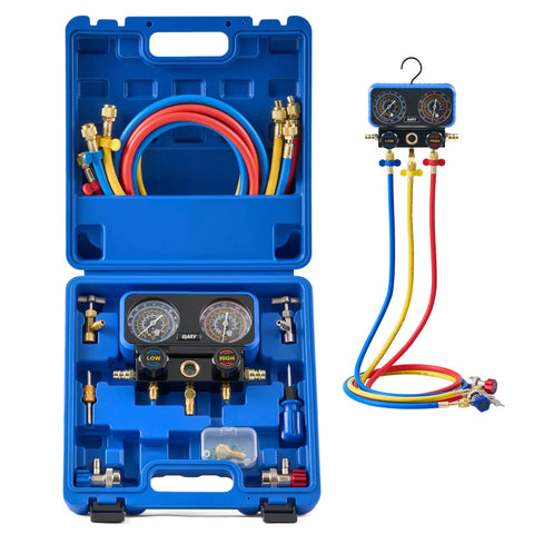 AC Manifold Gauge Set For R134a R12 R22 R502 With 5 Ft Hose Tank Adapters, in blue case with gauges, hoses, and couplers.