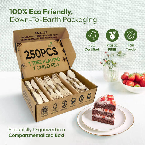 250 Count Bamboo Cutlery Set Disposable And Compostable Utensils, 100 Percent Natural, Plastic Free, BPA Free, Non Toxic, Food Grade For Kids And Adults, Go-To Eco Friendly Everyday Use in compartment box