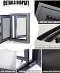 31x41 Casement Basement Egress Window With Rugged Aluminum Frame And Double Tempered Insulated Glass Featuring Integrated Screen, showing details like a 1.4mm thick frame, sealing strips.