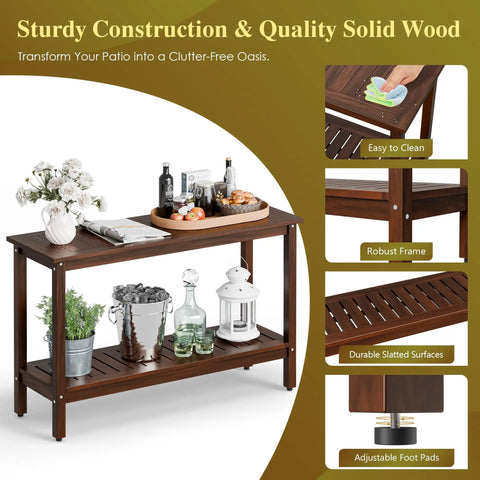 All Weather Patio Bar Table And Console With Two Shelves, 48 Inch Solid Wood Indoor Outdoor Multipurpose Buffet Storage Organizer depicted with sturdy solid wood design and decorative items, showcasing espresso finish and adjustable feet.