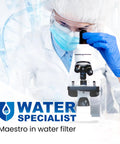 Scientist in lab examining a water filter sample through a microscope and standing next to 'Water Specialist Maestro' text.