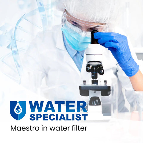 Scientist in lab examining a water filter sample through a microscope and standing next to 'Water Specialist Maestro' text.
