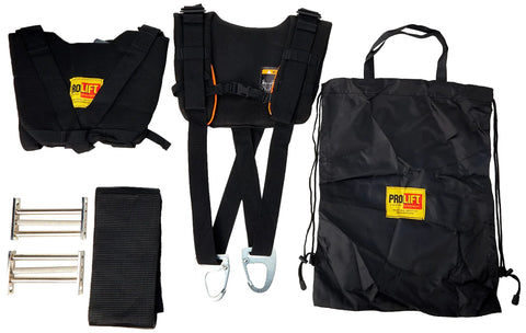 Front view: ProLift 3500 shoulder dolly lifting kit with padded two-person harnesses, carabiners, straps, bag.