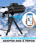 40x60 Monocular Telescope With Phone Adapter And Carry Case High Powered Compact Monocular For Wildlife Watching, Hunting, Camping, Travel And Outdoor Adventures. Black monocular on tripod with smartphone adapter, mountain view