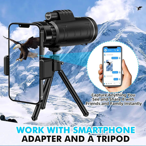 40x60 Monocular Telescope With Phone Adapter And Carry Case High Powered Compact Monocular For Wildlife Watching, Hunting, Camping, Travel And Outdoor Adventures. Black monocular on tripod with smartphone adapter, mountain view
