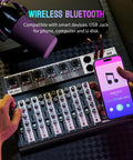 Person using Six Channel Bluetooth Audio Mixer with 16 DSP Echo Effects, 7 Band EQ connected to smartphone, on a desk.