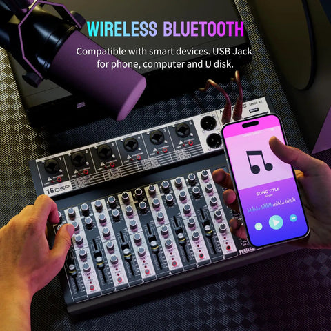 Person using Six Channel Bluetooth Audio Mixer with 16 DSP Echo Effects, 7 Band EQ connected to smartphone, on a desk.