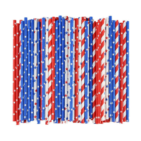 Patriotic Paper Straws 100 Pack With Red Blue White Flag Designs 7.75 Inch Biodegradable For Memorial Day Fourth Of July Parties
