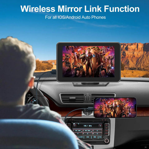 Wireless CarPlay Screen With Fast Auto Connect 7 Inch Portable Android Auto Display For Your Car Backup Camera Bluetooth Audio Voice Assistant GPS Navigation on dashboard showing movie