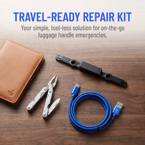 Travel-ready repair kit with a black luggage handle latch, multitool, and blue USB cable on a wooden surface.