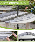 Brown Round Outdoor Fitted Tablecloth With Umbrella Hole Waterproof Wipeable Zippered Patio Table Cover installed on table outdoors