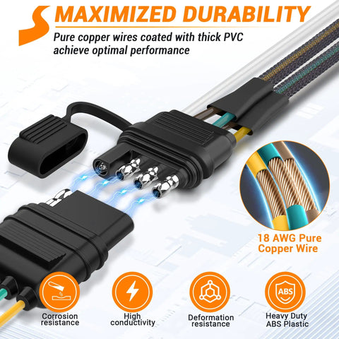 22 Ft 4 Pin 5 Wire Trailer Wiring Harness Kit No Splicing Color Coded Copper Wires showing connector with durability feature icons