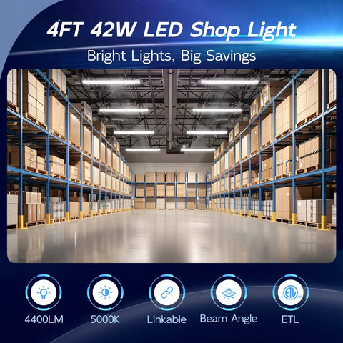 Ten Pack 4ft Linkable LED Shop Light Fixture 4400 Lumens, 42W, 5000K Daylight White illuminating a spacious warehouse