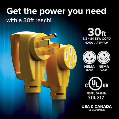 Close-up of Power Grip 30-Foot 50-Amp Camper RV Extension Cord plugs with copper 6/3 and 8/1 gauge wires, showing NEMA 14-50P, 14-50R ratings.