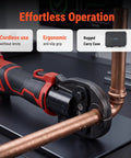 Holdwell S Pro 18V Electric Pipe Crimping Tool 24KN Brushless Motor Screw Drive instant reset with ergonomic grip on copper pipes.