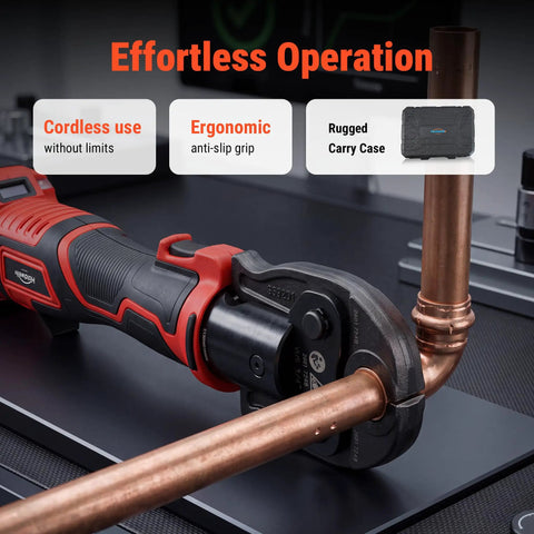 Holdwell S Pro 18V Electric Pipe Crimping Tool 24KN Brushless Motor Screw Drive instant reset with ergonomic grip on copper pipes.