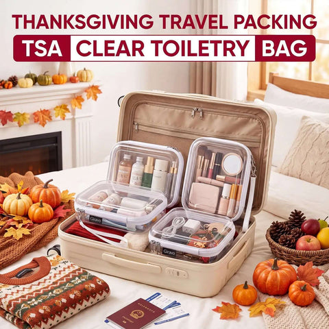Clear Hard Shell Zipper Cases 4 Pack On The Go Travel Organizer With Wrist Strap White Hella Durable Cosmetic Pouch and Toiletry Bag packed with makeup and toiletries.