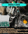 270 Piece O Ring Set For Car Air Conditioning And Plumbing, shown with engine and organized kit, professional grade
