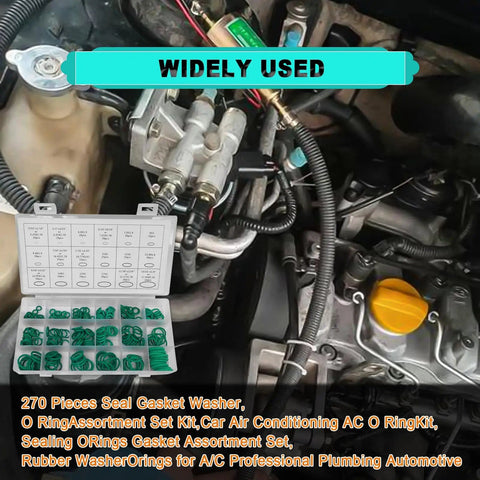 270 Piece O Ring Set For Car Air Conditioning And Plumbing, shown with engine and organized kit, professional grade