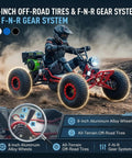 Rider on red 212cc gas powered off road go kart with CVT drive, 420 chain, and 8-inch tires on rugged terrain.