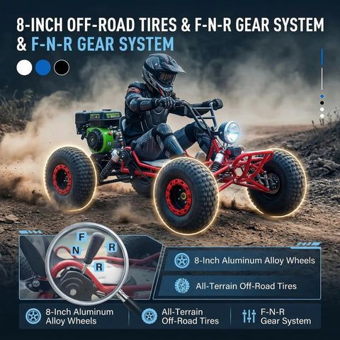 Rider on red 212cc gas powered off road go kart with CVT drive, 420 chain, and 8-inch tires on rugged terrain.