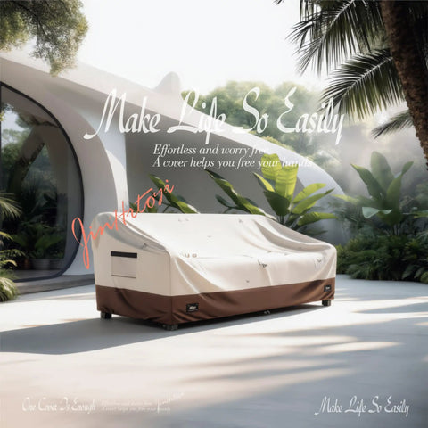Beefy 3 Seater Outdoor Couch Cover Fits Up To 76Wx32Dx31H Inches Waterproof Heavy Duty Patio Furniture Cover With All Weather Protection In Beige And Brown Modern Style That Keeps Your Sofa Clean Dry And Looking Fresh, shown on patio.