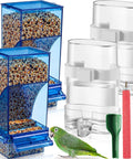 Straight-Up No-Mess Bird Feeder And Water Dispenser Set Featuring Automatic Drinking Bottles And Fresh Food Bowls With A Sturdy Chew Stick And Fast Cleanup Scoop Ideal For Joyful Parakeets Cockatiels And Lovebirds In Bright Blue with seed containers and a green parrot.
