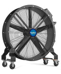 Hella Powerful 47 Inch Portable Industrial Fan With Stepless Variable Speed Motor Heavy Duty Mobile Floor Fan For Warehouse And Gym Smooth Airflow That Gets Work Done, black metallic design, durable wheels for mobility.