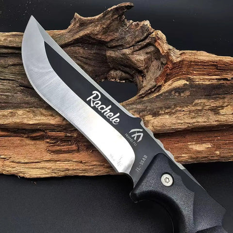 Full Tang Fixed Blade Knife With Two Tone Black And White Blade, Custom Laser Engraving, Nylon Sheath Included on a wood backdrop