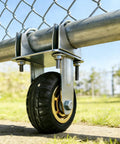 Built Tough 5 Inch Gate Support Wheel For Farm And Ranch Gates With Metal Bracket Zinc Finish And Rugged Rubber Tire attached to gate