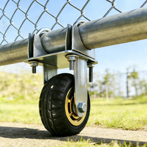 Built Tough 5 Inch Gate Support Wheel For Farm And Ranch Gates With Metal Bracket Zinc Finish And Rugged Rubber Tire attached to gate