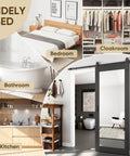 Black 32 Inch By 84 Inch Mirror Barn Door With Five Point Five Foot Sliding Hardware Kit Included No Assembly Required One Lite Full Length Solid Wood Waterproof PVC Surface shown installed in a modern room.