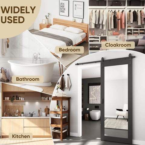Black 32 Inch By 84 Inch Mirror Barn Door With Five Point Five Foot Sliding Hardware Kit Included No Assembly Required One Lite Full Length Solid Wood Waterproof PVC Surface shown installed in a modern room.