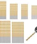 Rock Solid 60 Pc Fully Ground Micro Twist Bits Set Featuring Titanium Coating High Speed Steel For Precision Drilling In Hardwood Metal And Plastic Durable Tool Gear That Gets The Job Done Right Every Single Time. 60-piece HSS titanium drill bits set with 1/8 in and smaller sizes