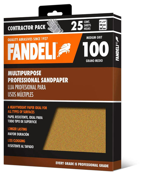 Heavy Duty 100 Grit Multi Purpose Sandpaper Sheets 9 By 11 Inch Pack Of 25 shown in retail packaging with brown sheet visible