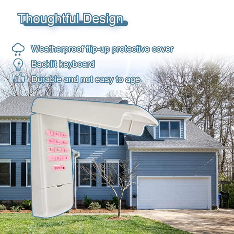 877MAX Keypad with flip-up cover and lighted keys for easy garage door access, shown outside a suburban house.