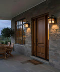 Outdoor view with Inglenook Tiffany Style Outdoor Wall Sconce, 1 Light, 100 Watt, Classic Geometric Mission Design in Valiant Bronze