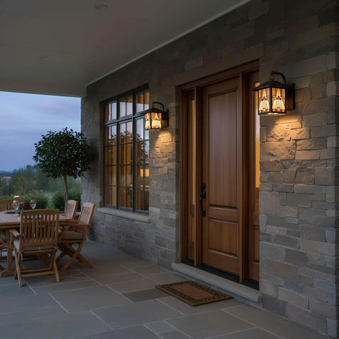 Outdoor view with Inglenook Tiffany Style Outdoor Wall Sconce, 1 Light, 100 Watt, Classic Geometric Mission Design in Valiant Bronze