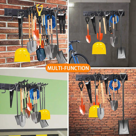 32 Inch Adjustable Garage Tool Storage Rack Wall Mounted Organizer With 8 Pieces And 6 Hooks displayed with shovels and rakes.