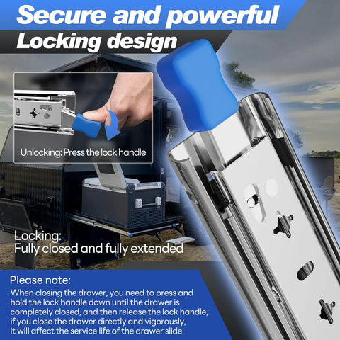 Heavy Duty Locking Drawer Slides With Full Extension Ball Bearing Rails, Side Mount, locking mechanism detail view