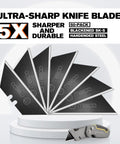 50 Pack Utility Knife Blades With Blackened SK-5 Steel For Box Cutters, showing 5X sharper blades and utility knife