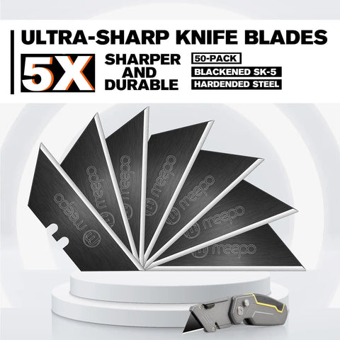 50 Pack Utility Knife Blades With Blackened SK-5 Steel For Box Cutters, showing 5X sharper blades and utility knife