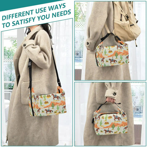 Cowboy Themed Insulated Lunch Bag Tote For Women And Men carried in different ways, showcasing its versatility.